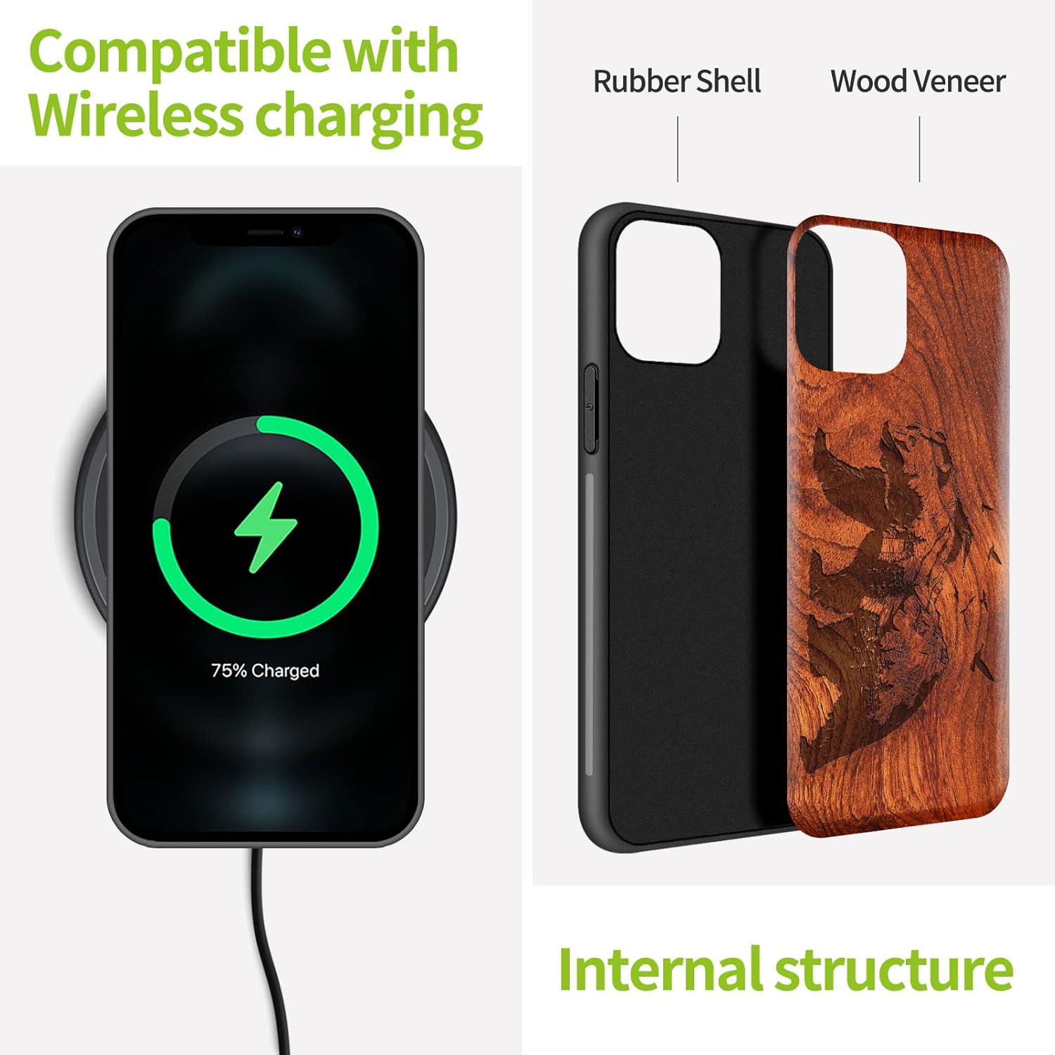 Carveit Funda de madera para iPhone 11 madera natural y TPU suave negro a prueba de golpes, funda protectora única y elegante de madera compatible