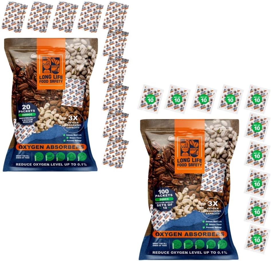 Absorbentes de oxígeno de 3000 cc y 500 cc para almacenamiento de alimentos  3 veces la capacidad de absorción de oxígeno  Extiende la vida útil y