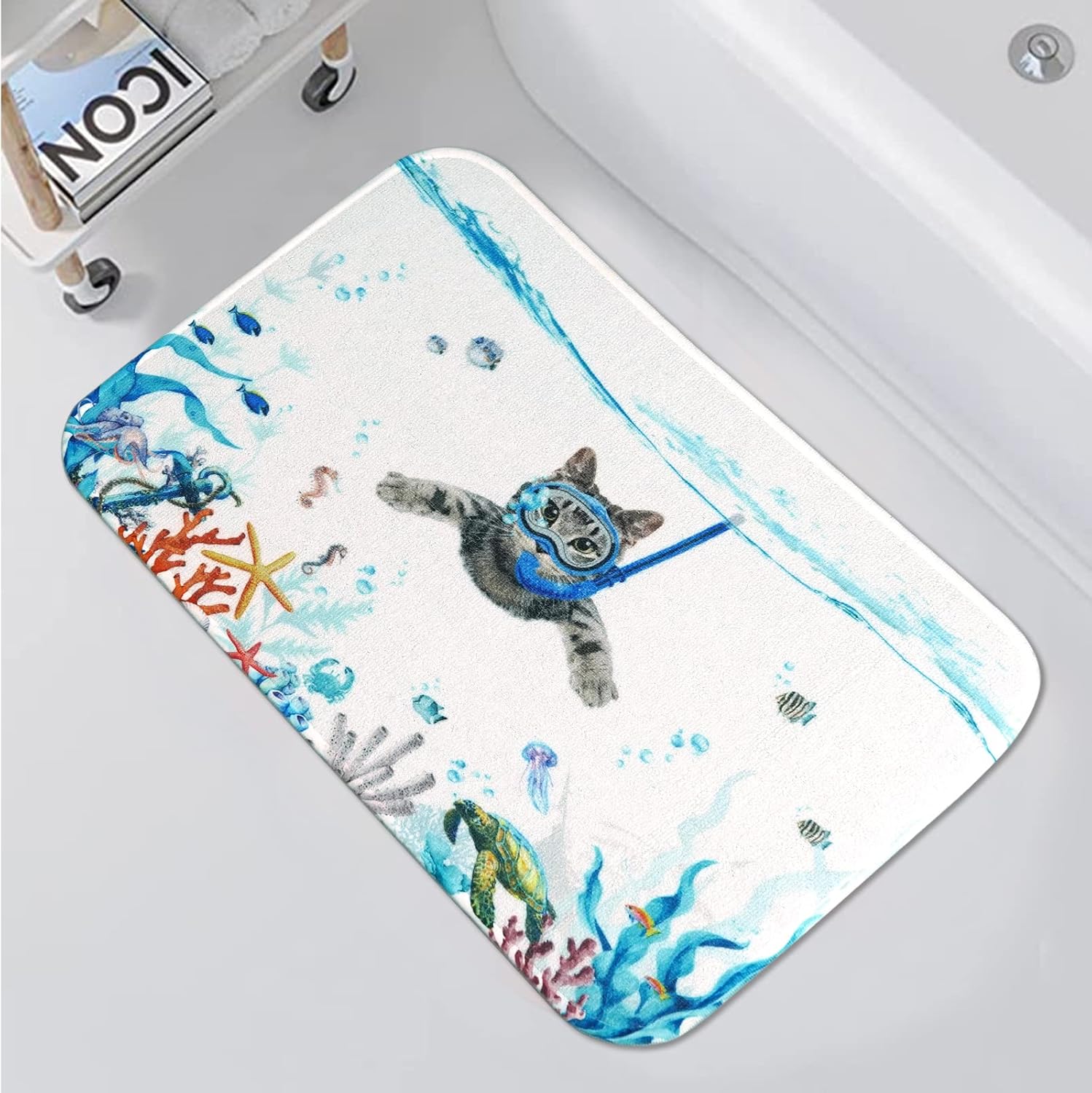 Fowocu Divertidas alfombras de baño con diseño de gatos, diseño de animales marinos y océanos, absorbentes de agua, antideslizantes, de microfibra
