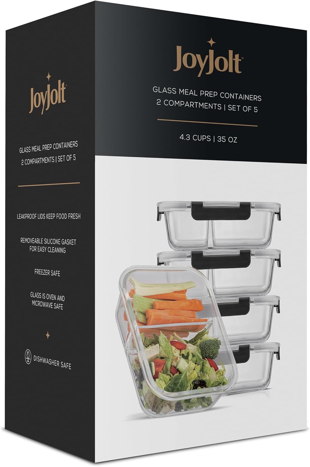 JoyJolt Contenedores divididos para almacenamiento de alimentos con tapas herméticas. Paquete de 5 recipientes de vidrio para preparación de