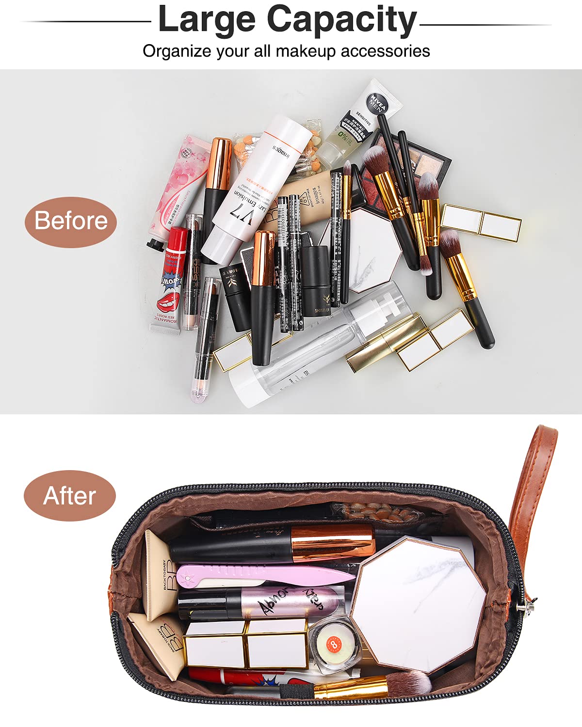 Relavel Bolsa de maquillaje pequeña de viaje para mujeres, bolsa de brochas de maquillaje, portátil, de 2 capas, gran capacidad, organizador de