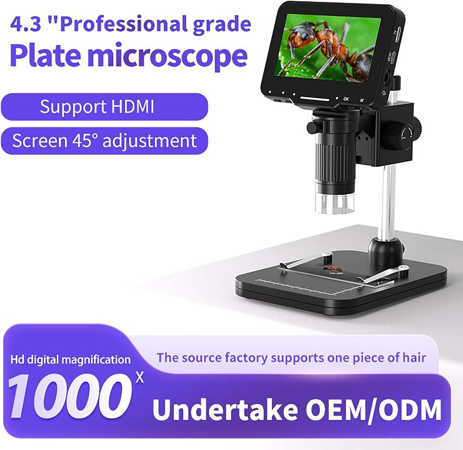 Microscopio digital LCD HDMI, microscopio digital LCD de 4.3 pulgadas, 1000x, microscopio de moneda, lupa de monedas con 8 luces LED ajustables,