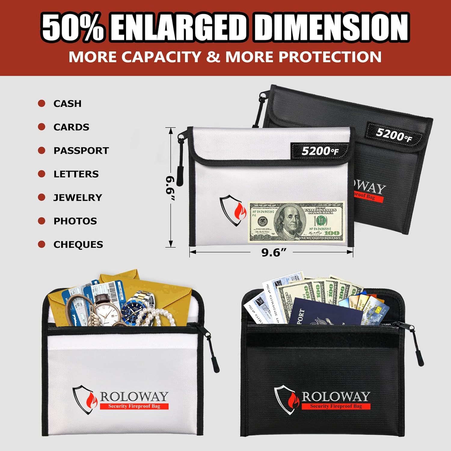 ROLOWAY Bolsa ignífuga (9.6 x 6.6 pulgadas) con aislamiento térmico de 5200 F, bolsa de dinero ignífuga con cremallera para efectivo, bolsa de banco