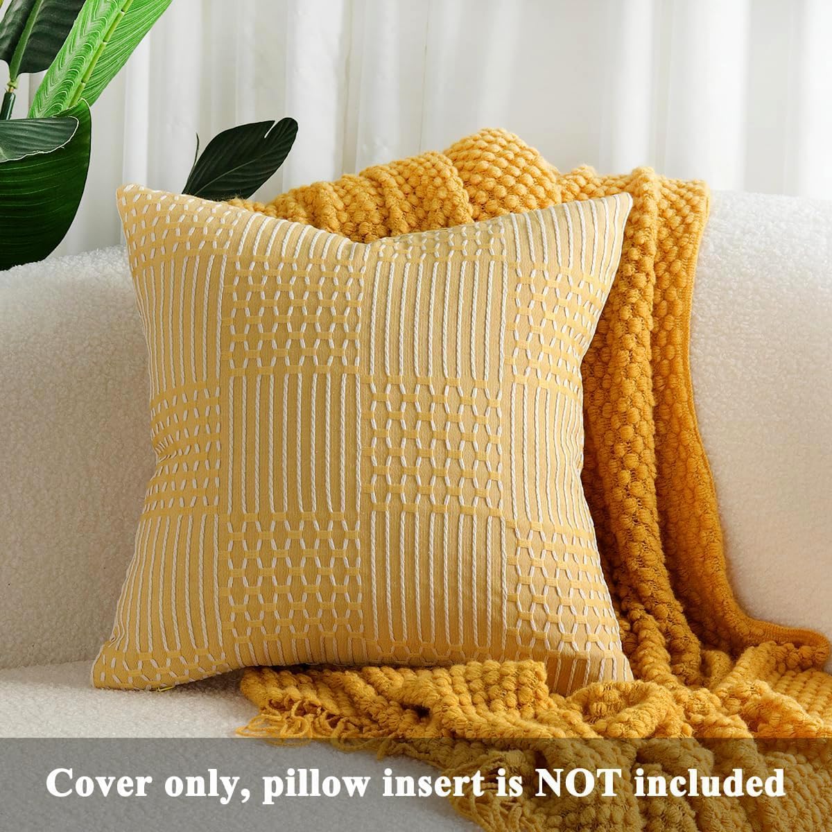 Juego de 2 fundas de almohada bohemias a rayas, suaves, cuadradas, decorativas, para sofá y cama, 16 x 16 pulgadas, color amarillo