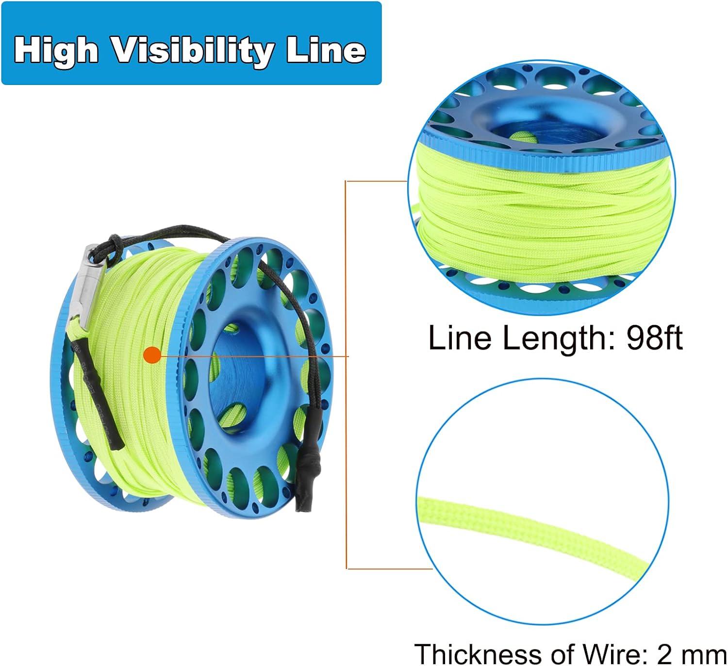 YUNNLEZT 98FT Finger Reel Scuba Diving, Aluminum Lightweight Scuba Finger Spool Reel with Double-Ended Bolt Snap Clip for Snorkeling Scuba Diving