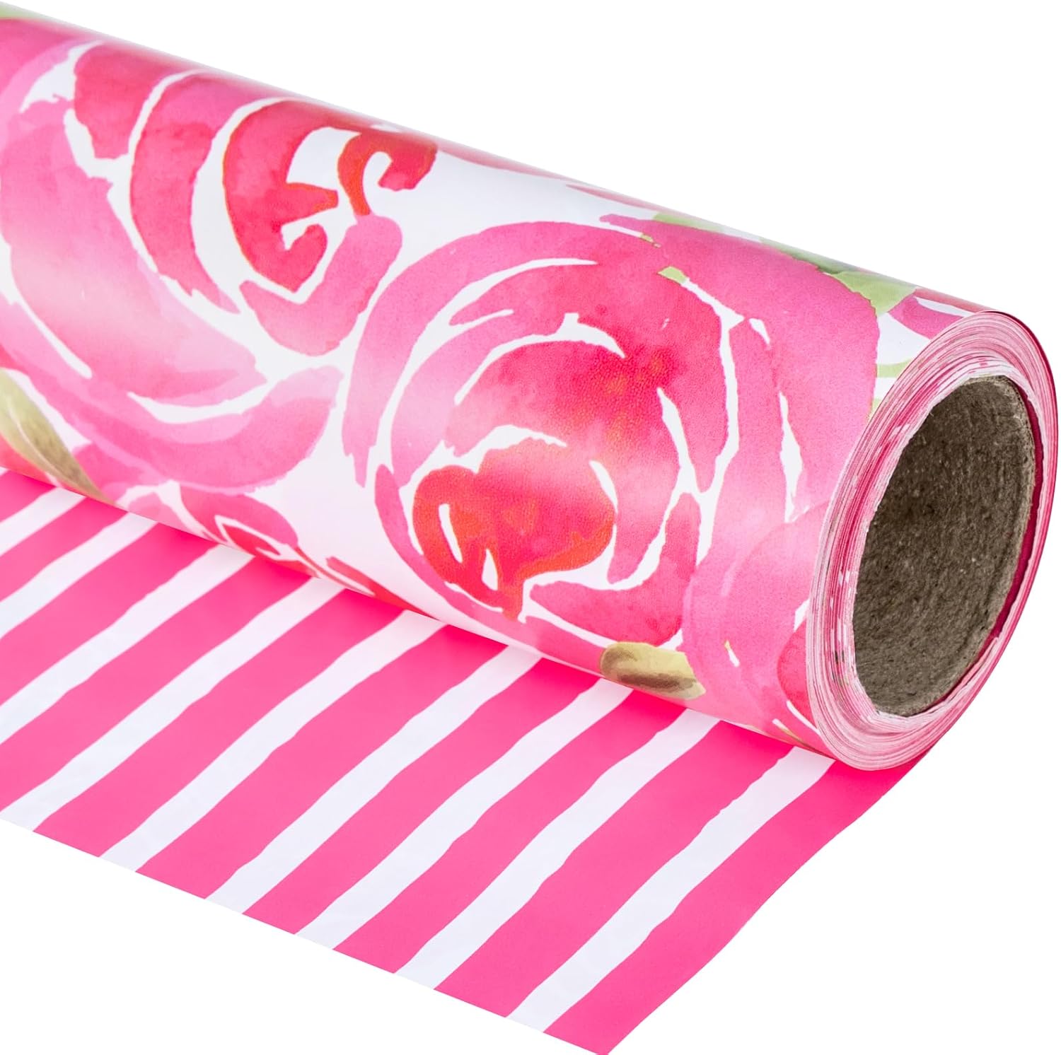 RUSPEPA Rollo de papel de regalo reversible  Mini rollo  Estilo acuarela rosa rosa y patrón de rayas, ideal para el día de la madre, cumpleaños,