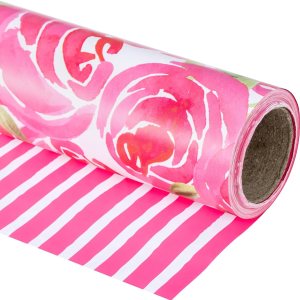 RUSPEPA Rollo de papel de regalo reversible  Mini rollo  Estilo acuarela rosa rosa y patrón de rayas, ideal para el día de la madre, cumpleaños, RUSPEPA Rollo de papel de regalo reversible  Mini rollo  Estilo acuarela rosa rosa y patrón de rayas, ideal para el día de la madre, cumpleaños,