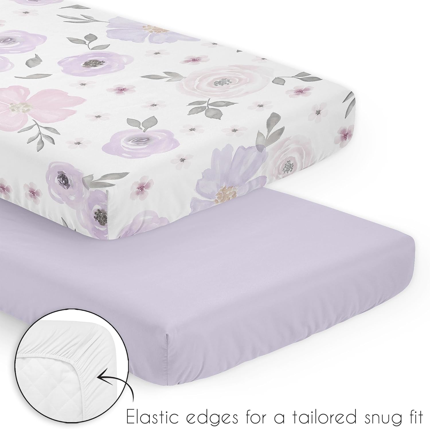 Sweet Jojo Designs Juego de ropa de cama de cuna de bebé de color morado lavanda bohemio floral para bebé, cuarto de bebé, manta para recién