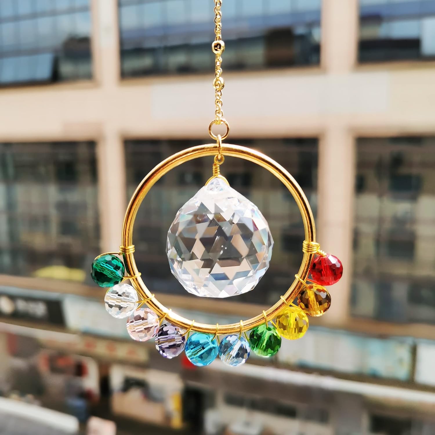SPANSEE Atrapasoles manchados para ventana, adorno hecho a mano con cuentas de colores, colgante de bola de cristal de 1.181 in, fabricante de arco