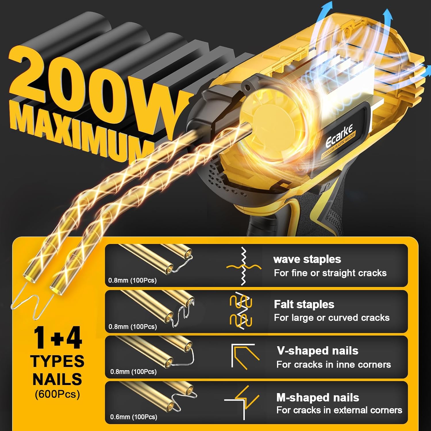 Ecarke – Pistola soldadora de plástico inalámbrica para batería Dewalt de 20 V, máquina de soldadura portátil de 120 W, 6 tipos y 600 grapas, kit de