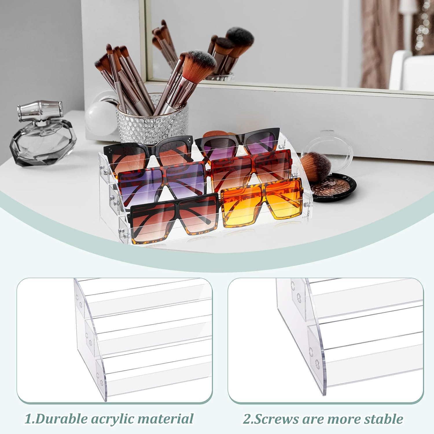Jetec Organizador de lentes de sol de acrílico de 3 capas, soporte de exhibición, organizador de esmalte de uñas, bandeja de plástico transparente