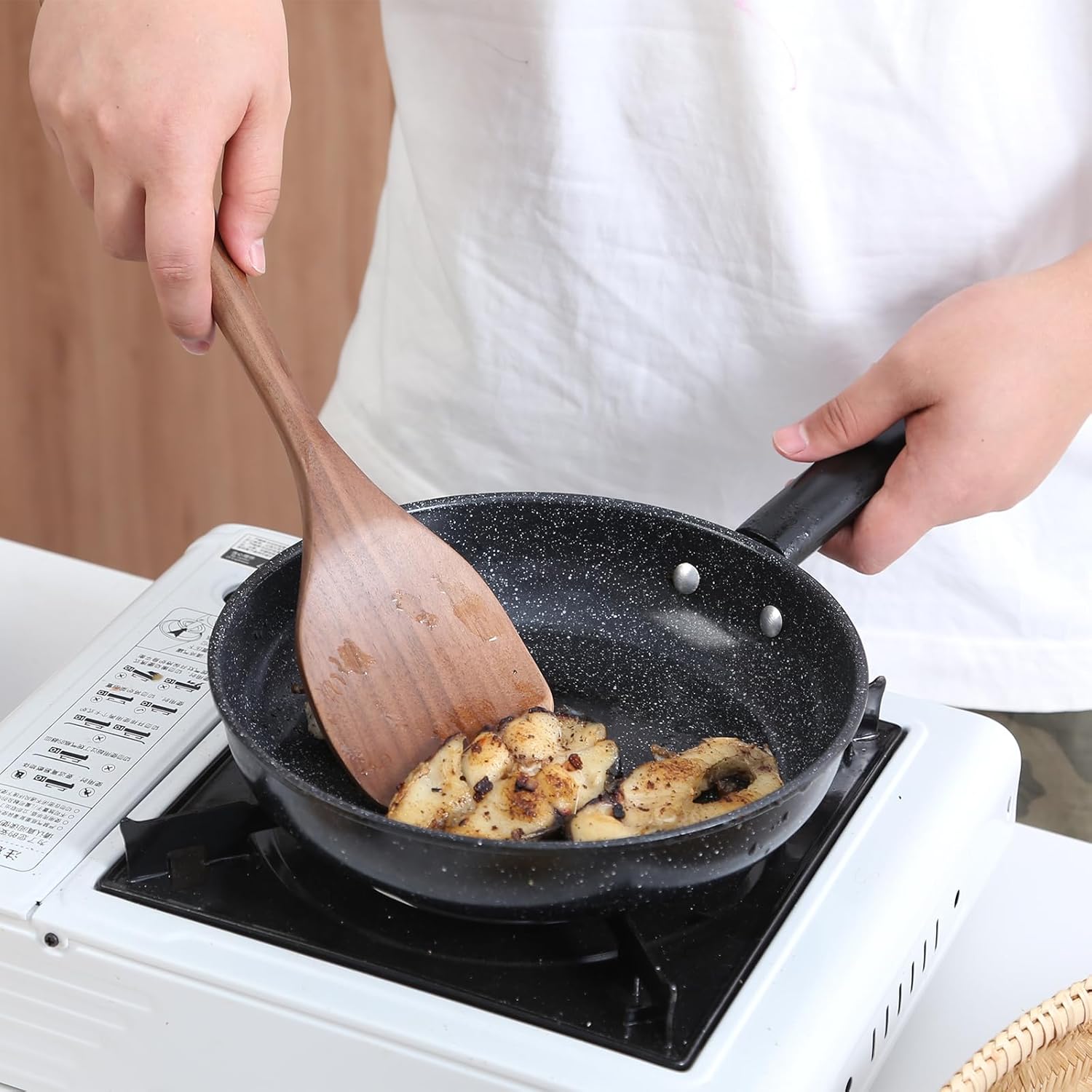 Cucharas de madera para cocinar, 5 utensilios de cocina de madera de nogal, cuchara de madera de 13 pulgadas, espátula de cocina, colador de madera,