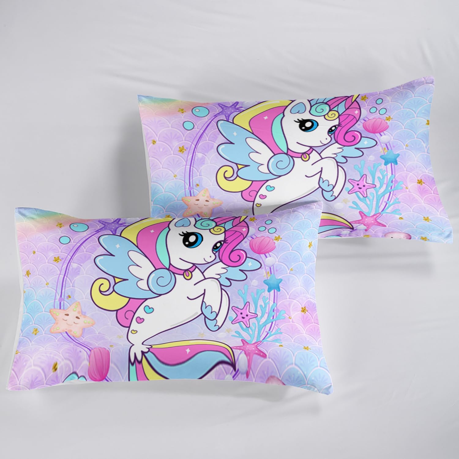 BailiPromise Juego de sábanas de sirena para niños, tamaño Queen, con estampado de unicornio y arcoíris, unicornio y estrella de mar, adecuado para