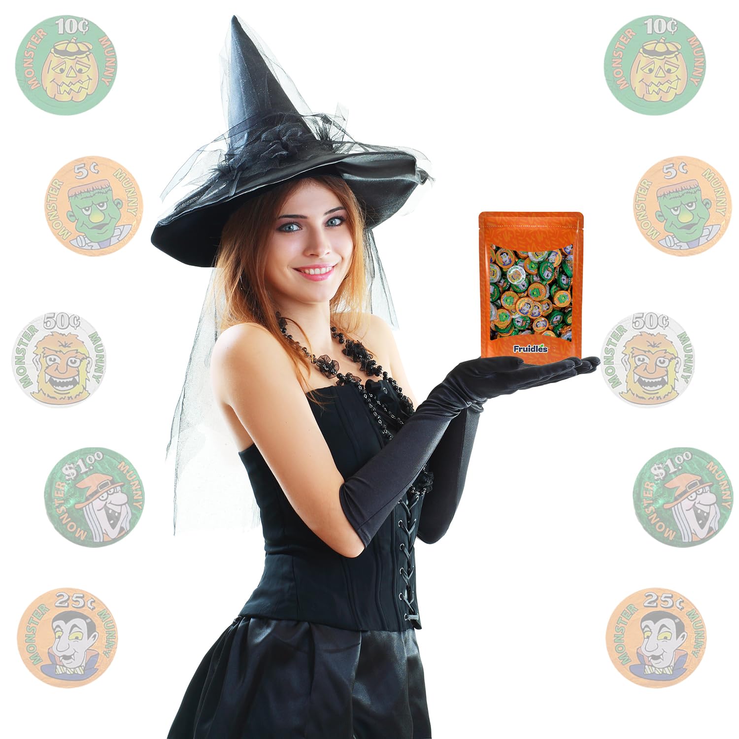 Fruidles Monedas de dinero de monstruo de Halloween, rellenos de bolsas de fiesta de dulce o truco, envueltas individualmente en hojas de diseño de