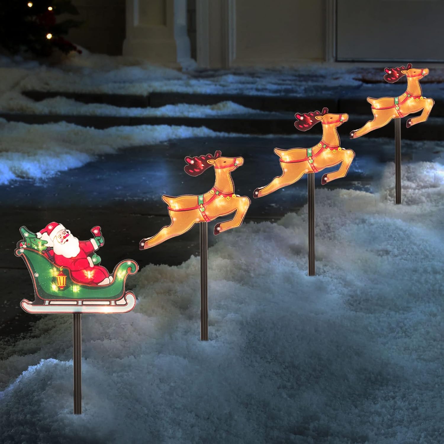 Luces solares de Navidad para caminos al aire libre, juego de 4 piezas de reno con 8 modos de iluminación LED preiluminadas, estacas de patio,