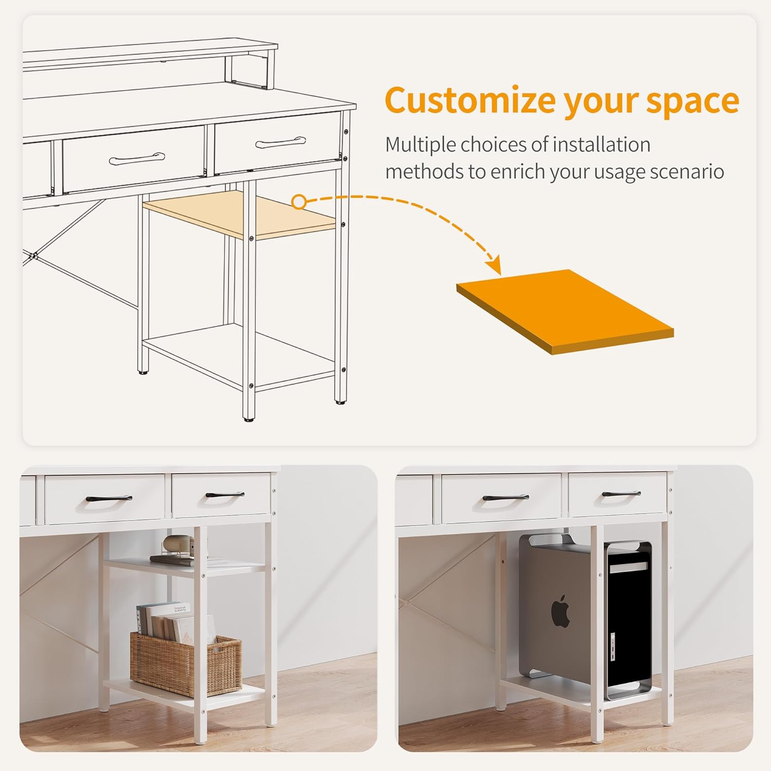 CubiCubi Escritorio de oficina para computadora de 47 pulgadas con cajones de tela y estantes de almacenamiento, escritorio pequeño y moderno con