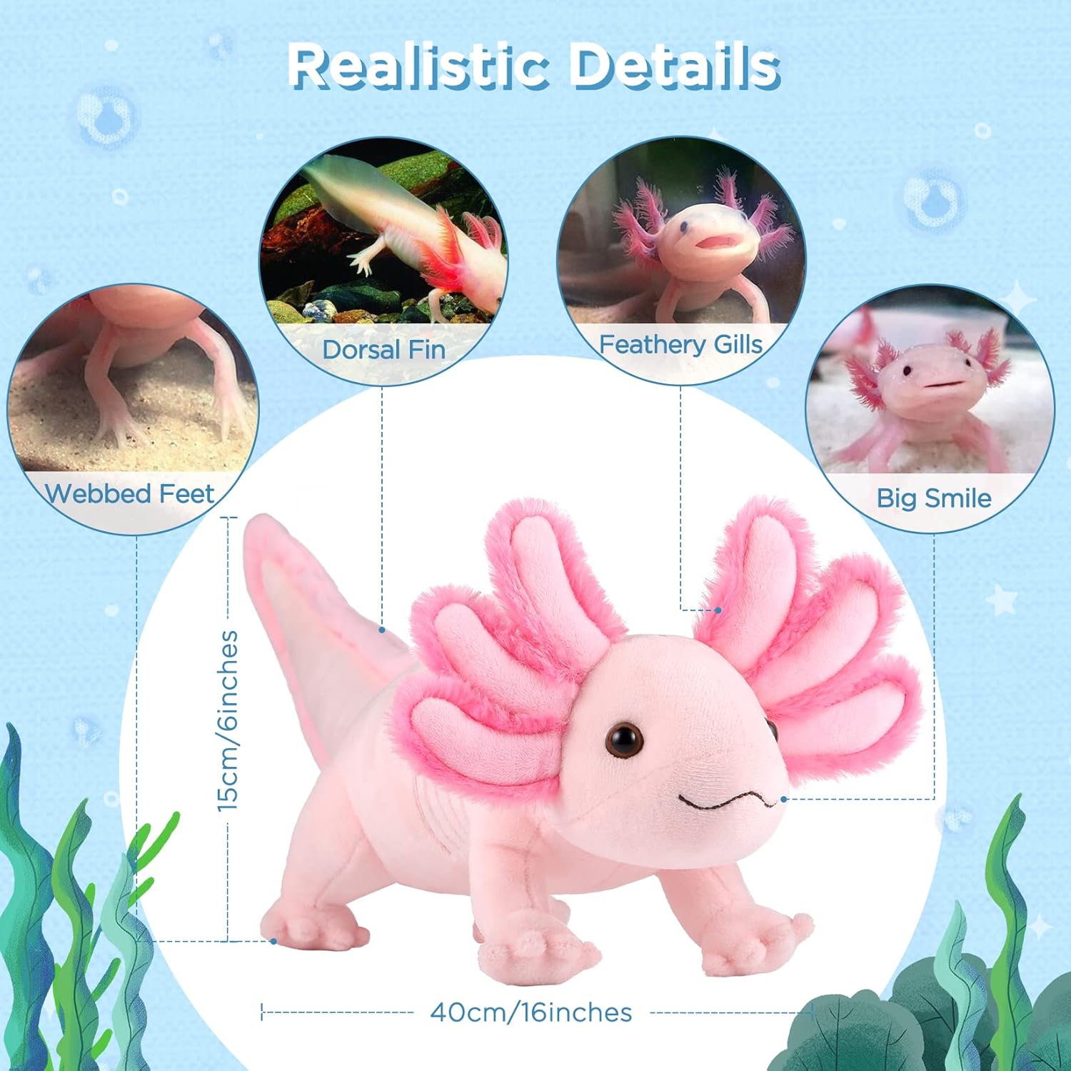 GAGAKU Axolotl – Juguete de peluche de ajolote de 16 pulgadas, peluche de ajolote rosa para niños y niñas, regalo de cumpleaños kawaii