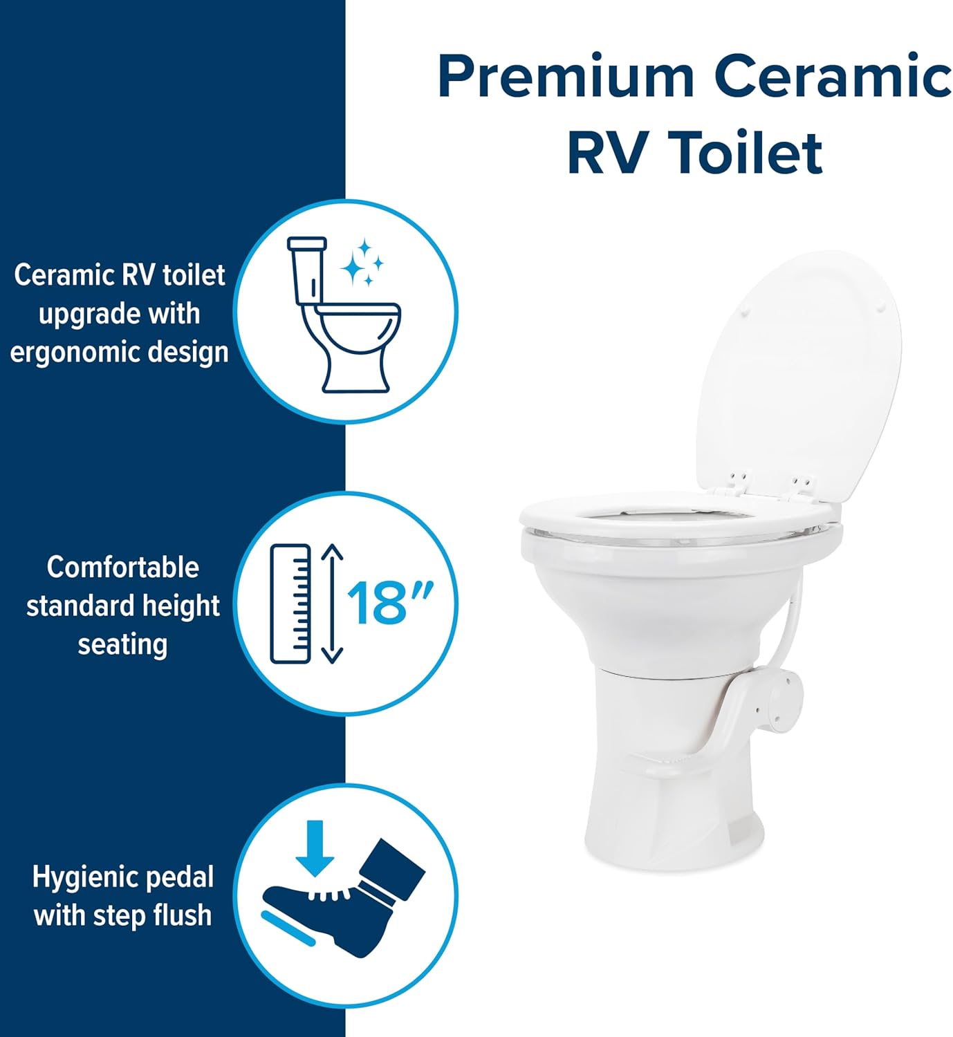 Camco Inodoro de cerámica de alta calidad para cámper o caravana, cuenta con sistema de descarga por gravedad con práctico pedal y diseño ergonómico