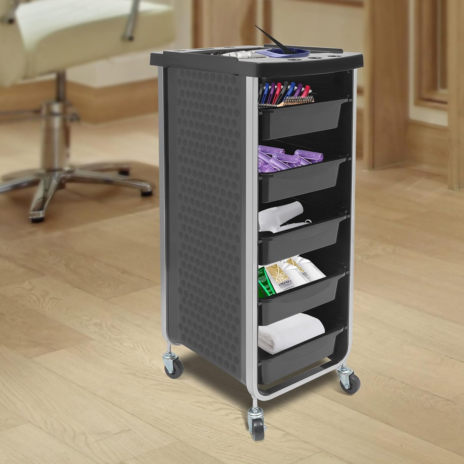 Carrito de salón con ruedas para peluquería, carrito de belleza con 5 cajones grandes, carrito de herramientas multiusos para tiendas de belleza,