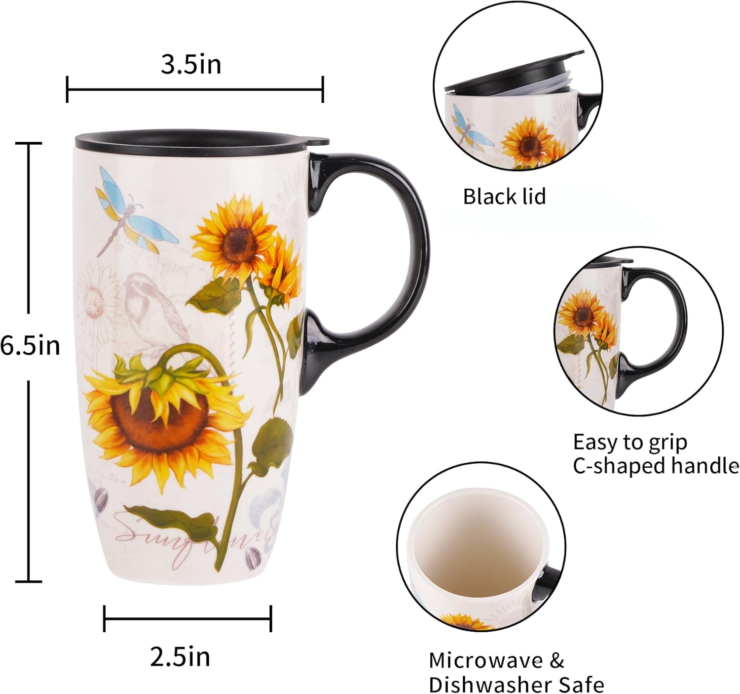DUSVALLY Taza de café de cerámica con tapa, taza de té de latte de porcelana con asa 16.9 fl oz17 oz, girasol, regalos para mamá