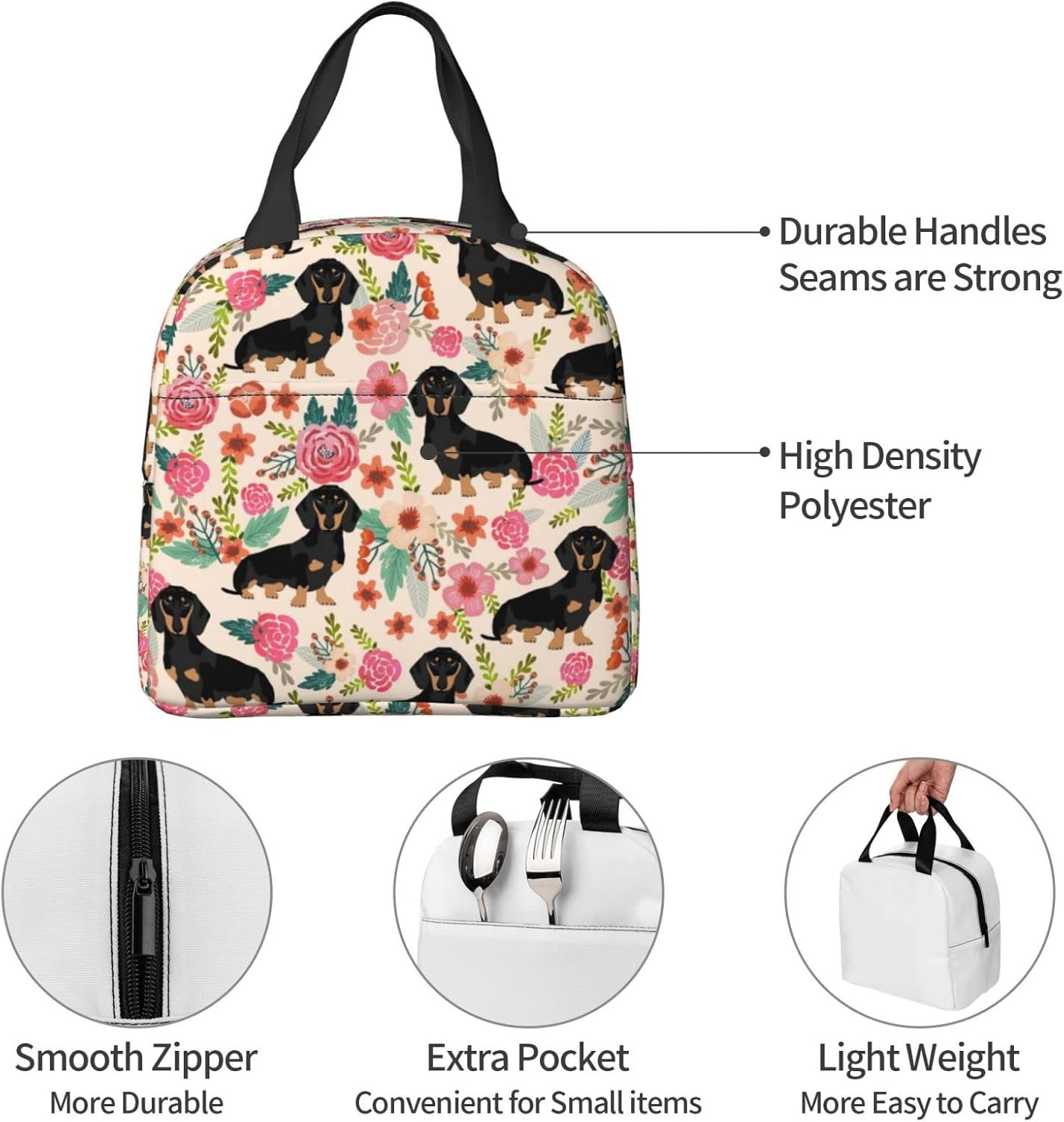 Daschund – Bolsa de almuerzo con aislamiento de flores para perros y mujeres, reutilizable, impermeable, portátil, hielera, térmica, para trabajo,