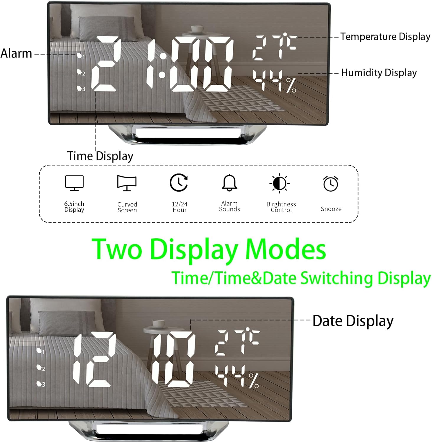 Reloj despertador digital, reloj despertador LED con diseño curvo moderno, 2 niveles de brillo+apagado, 3 alarmas, repetición, fuente de