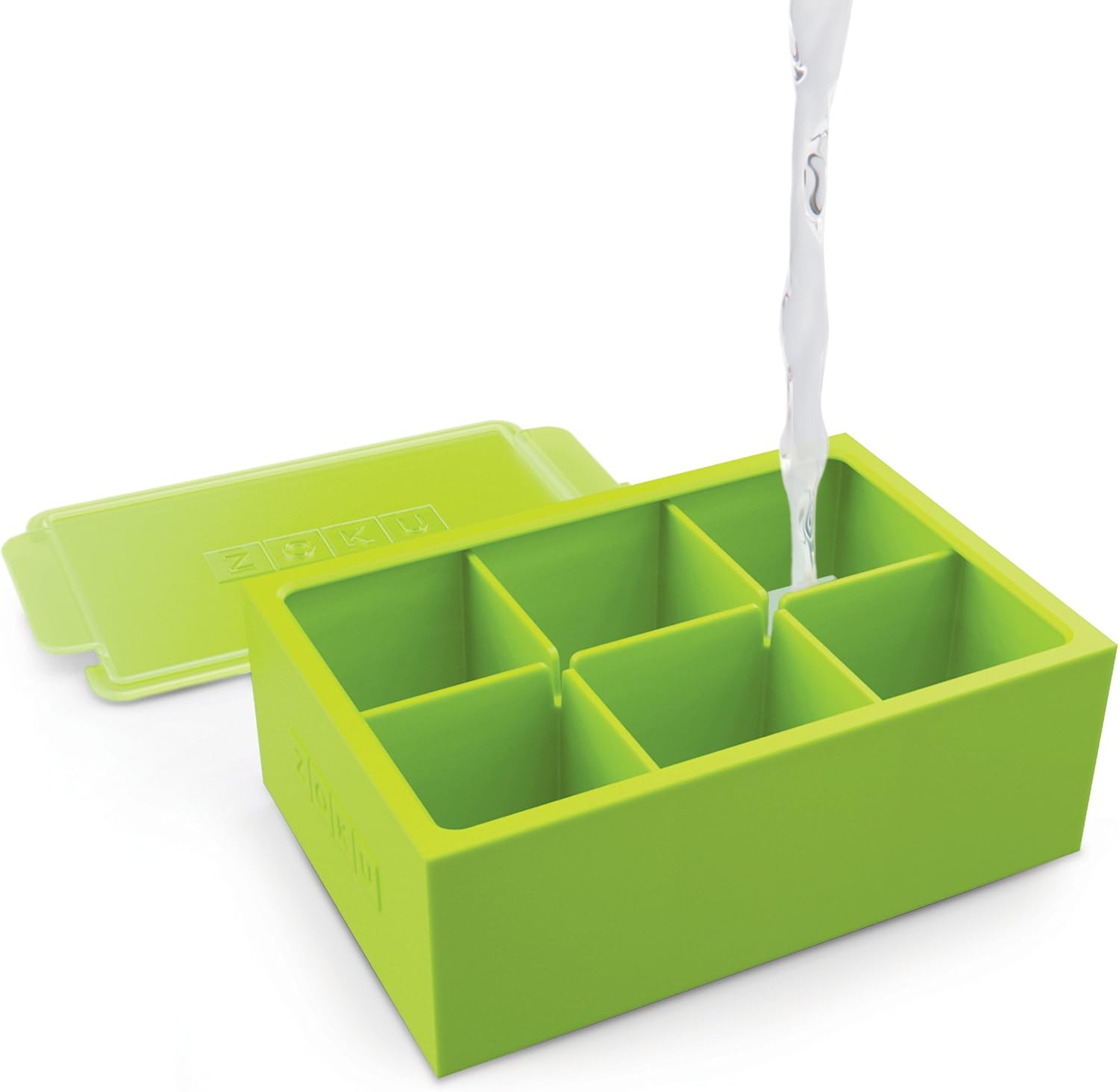 ZOKU Bandejas gigantes para cubitos de hielo, juego de 2, bandejas apilables de silicona con tapas que protegen el sabor, de fácil liberación, sin
