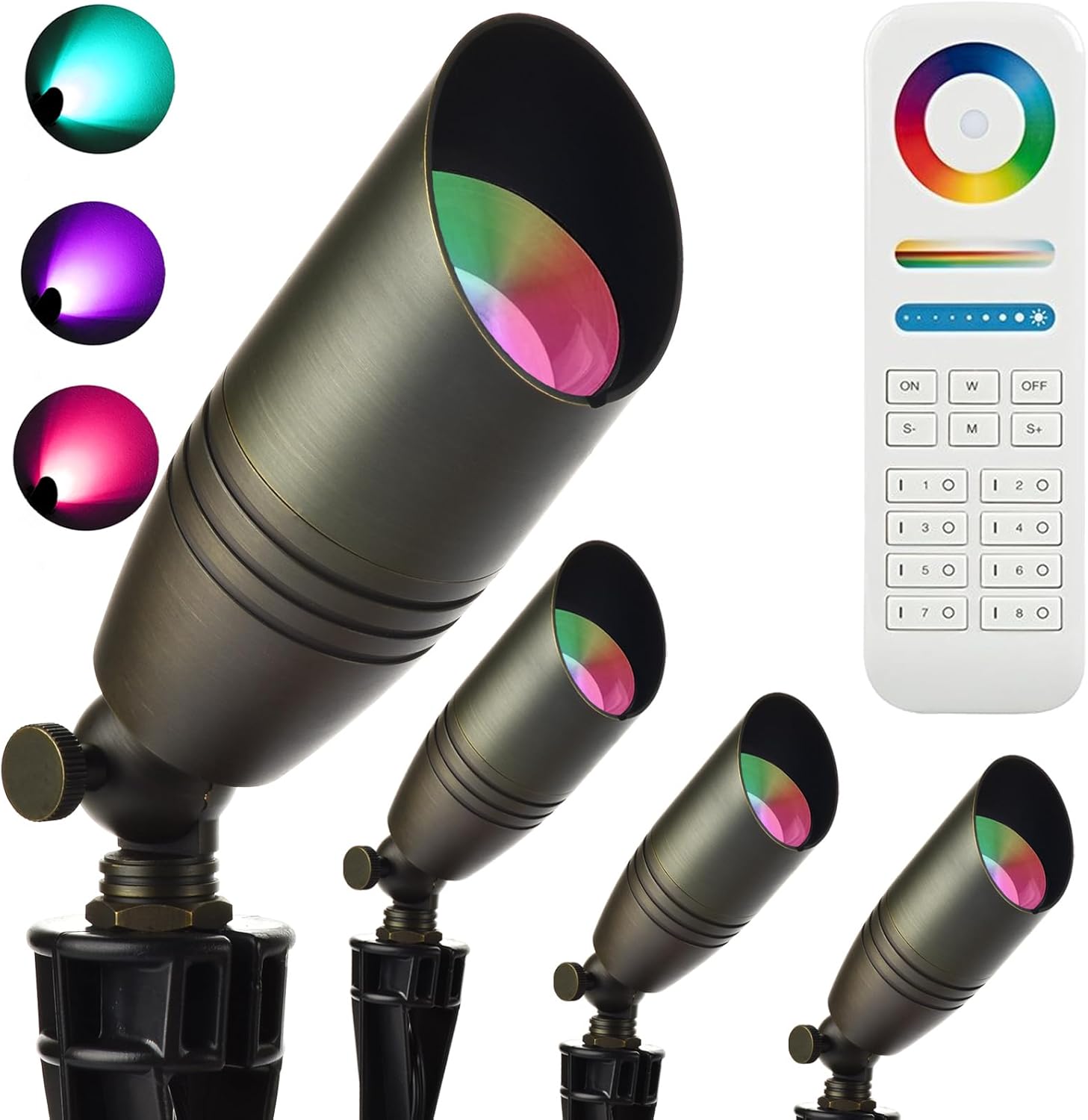 iYogaled Iluminación de paisaje RGB de bajo voltaje, luces de paisaje de latón que cambian de color con 4 bombillas MR16, luces de 12 V al aire