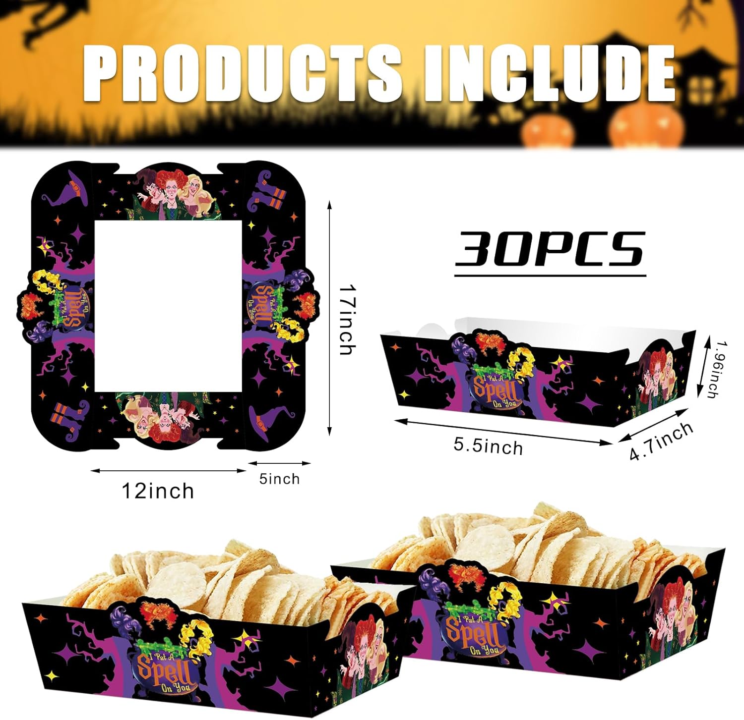 Paquete de 50 suministros de fiesta de Halloween Hocus Pocus, bandeja de comida de Hocus Pocus, bandeja de papel para servir alimentos para fiesta