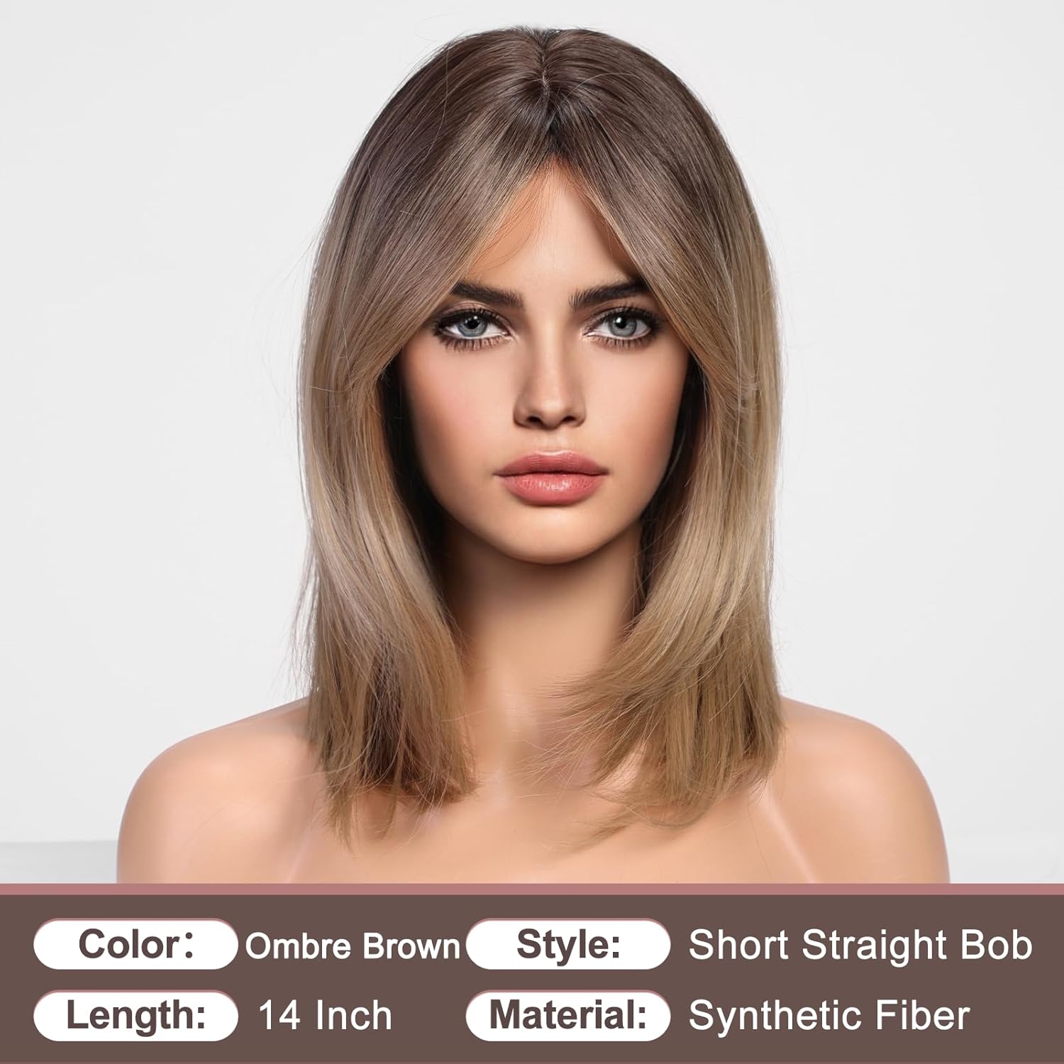 HAIRCUBE Pelucas de color marrón degradado para mujer, peluca rubia ceniza con flequillo de cortina, longitud al hombro, peluca sintética natural