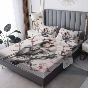 Sábanas de mono, tamaño King, sábanas de cama con estampado de flor de cerezo, sábanas y fundas de almohada de 4 piezas, sábana bajera ajustable de Sábanas de mono, tamaño King, sábanas de cama con estampado de flor de cerezo, sábanas y fundas de almohada de 4 piezas, sábana bajera ajustable de
