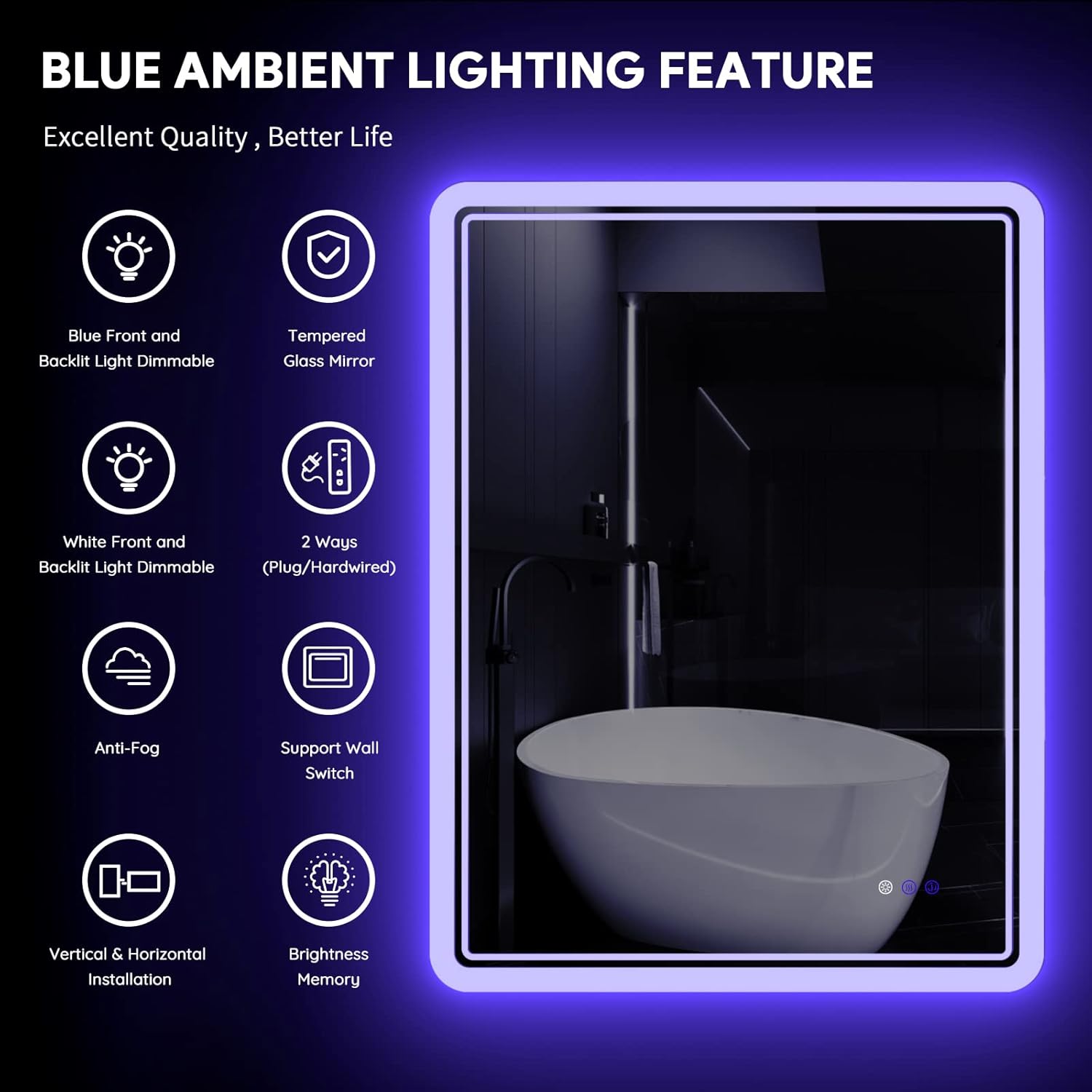 CFYLO Espejo retroiluminado LED de 24 x 32 pulgadas, espejo de baño con luces, espejo LED para baño, atmósfera azul retroiluminada LED, espejo de