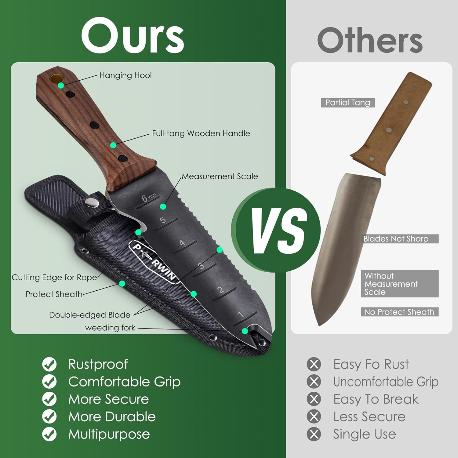 PERWIN Hori Hori – Cuchillo de jardín, herramientas de jardín con funda para desmalezar, plantar, excavar, hoja de acero inoxidable de 7 pulgadas