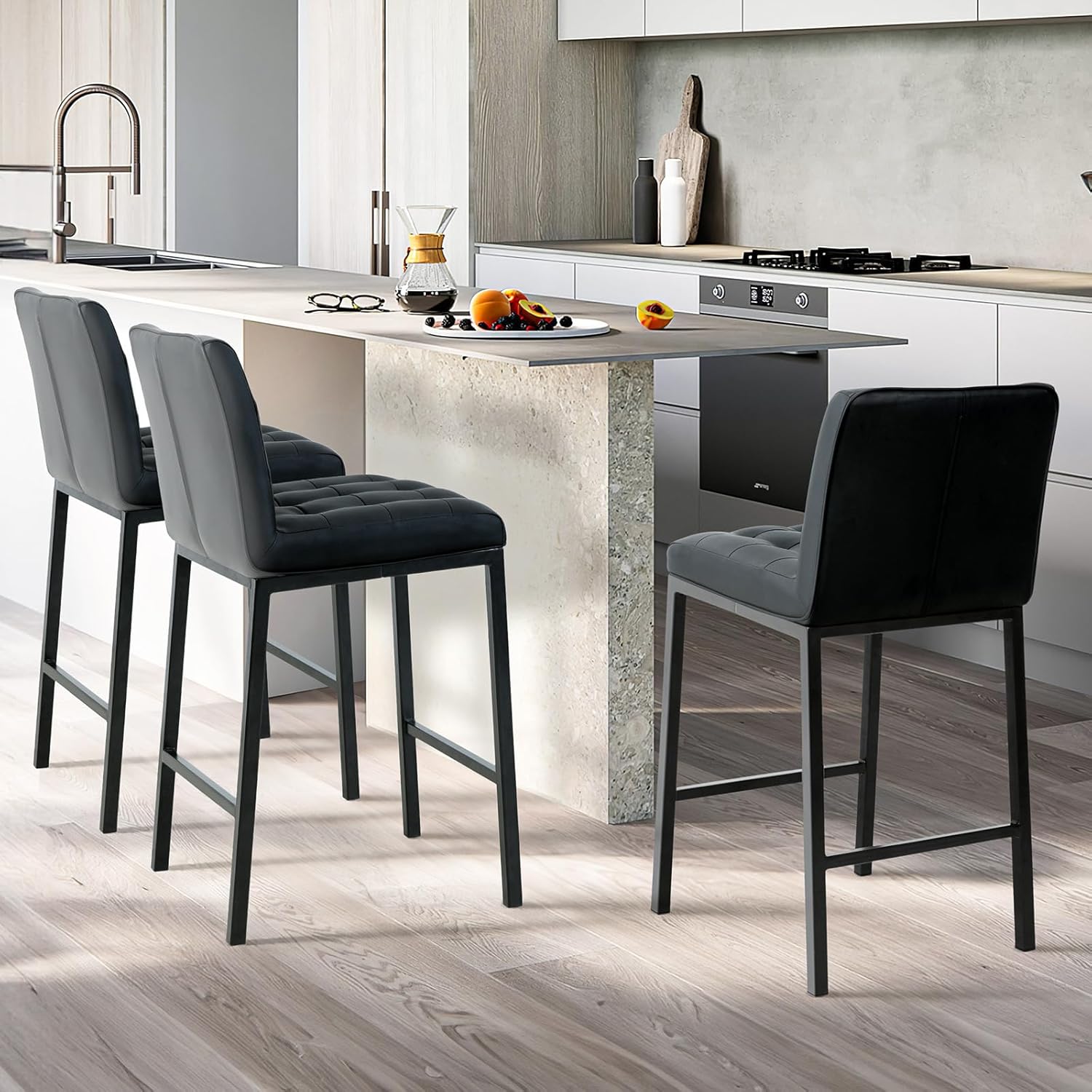 E&D FURNITURE Taburetes de bar de 26 pulgadas con respaldo, patas de metal, cuero sintético, moderno tapizado, altura de mostrador para encimera de
