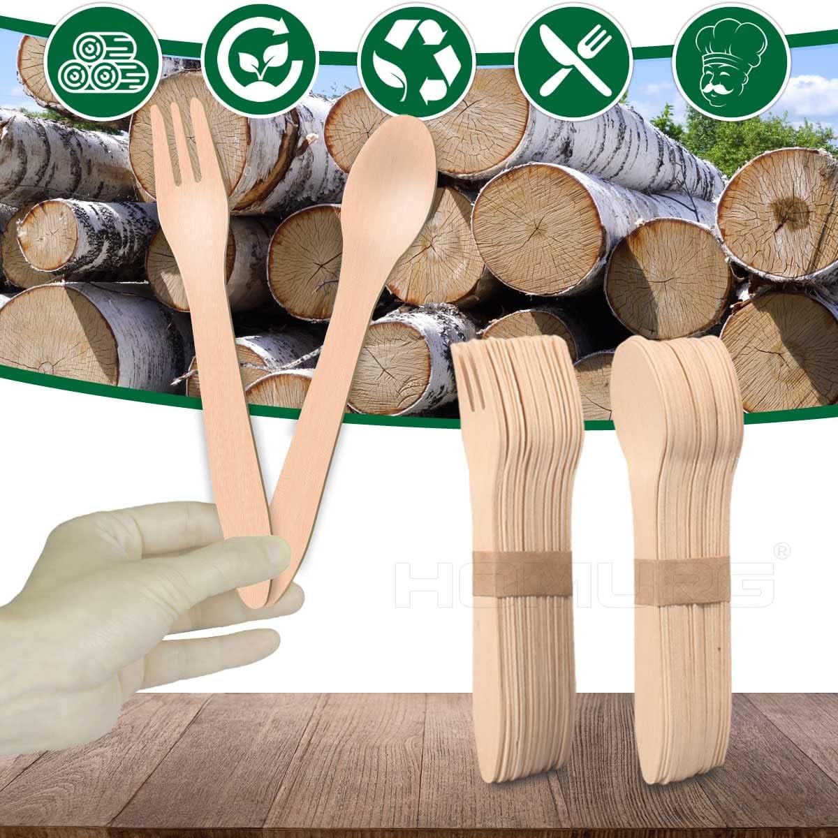 Tenedores y cucharas de madera desechables para 50 invitados, 100 unidades compostables para servir fiestas, juego de cubiertos de postre ensalada