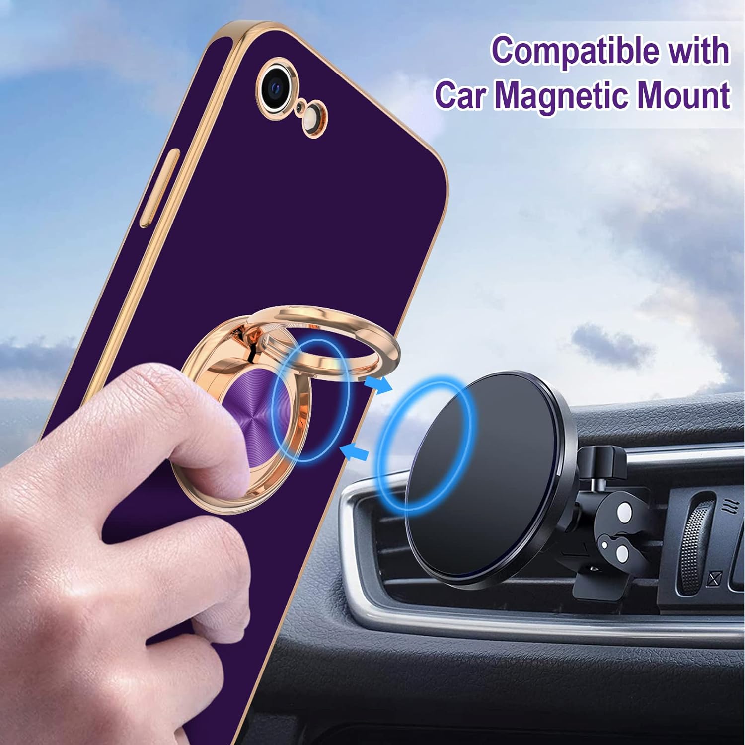 Hython Funda para iPhone SE 20222020, iPhone 8 y 7, soporte de anillo con soporte magnético, chapado en borde dorado, cubierta de poliuretano