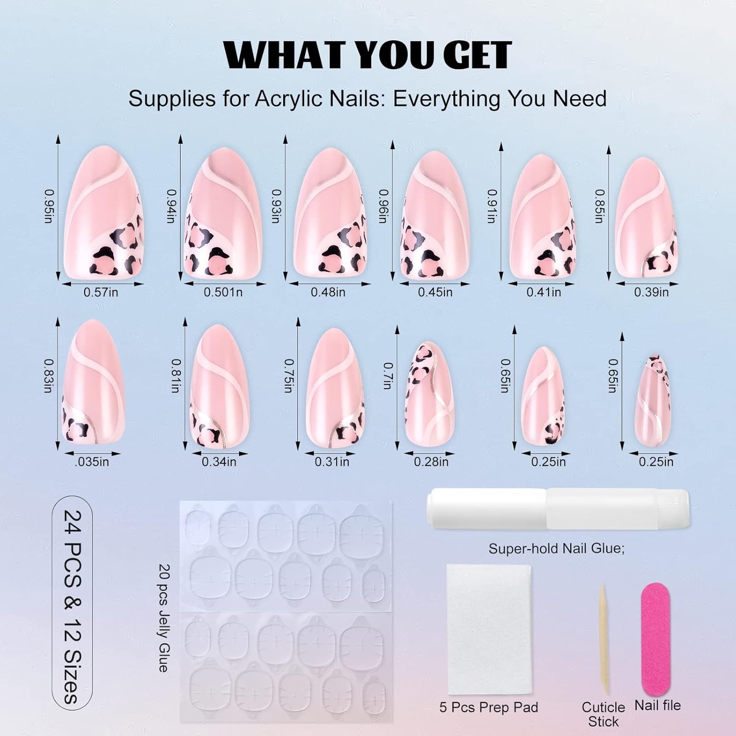Uñas postizas a presión con diseño de leopardo rosa medio, almendra para mujer, ajuste natural, uñas adhesivas acrílicas reutilizables, 24 unidades