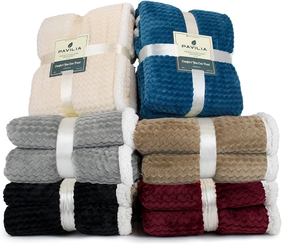 PAVILIA manta de forro polar sherpa prémium, suave, acolchada, reversible, cálida y acogedora de microfibra lisa para sofá