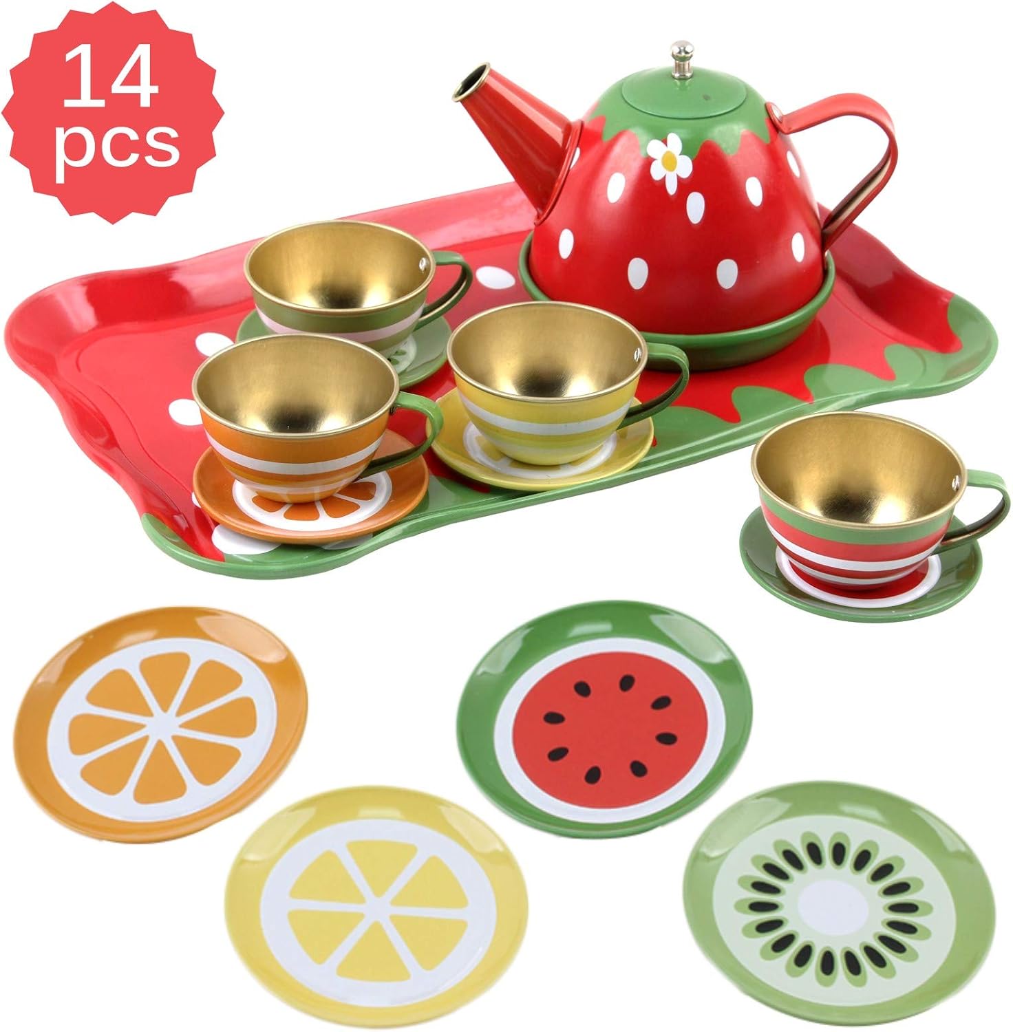 Juego de té de 14 piezas con temática de frutas para niños, construido de material seguro para alimentos, sin BPA, perfecto juguete preescolar de