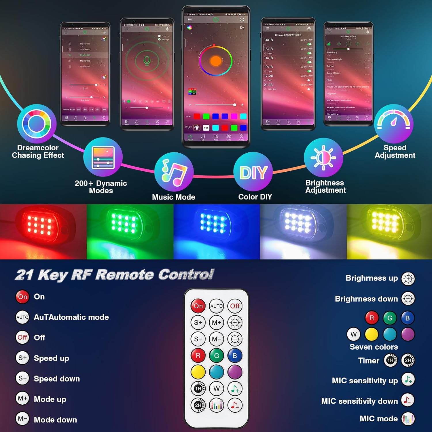 LD DARKEAGLE Chasing Dream – Luces LED Rock con control remoto APPRF, impermeables, 6 vainas, luces basculantes subterráneas con freno, multicolor,