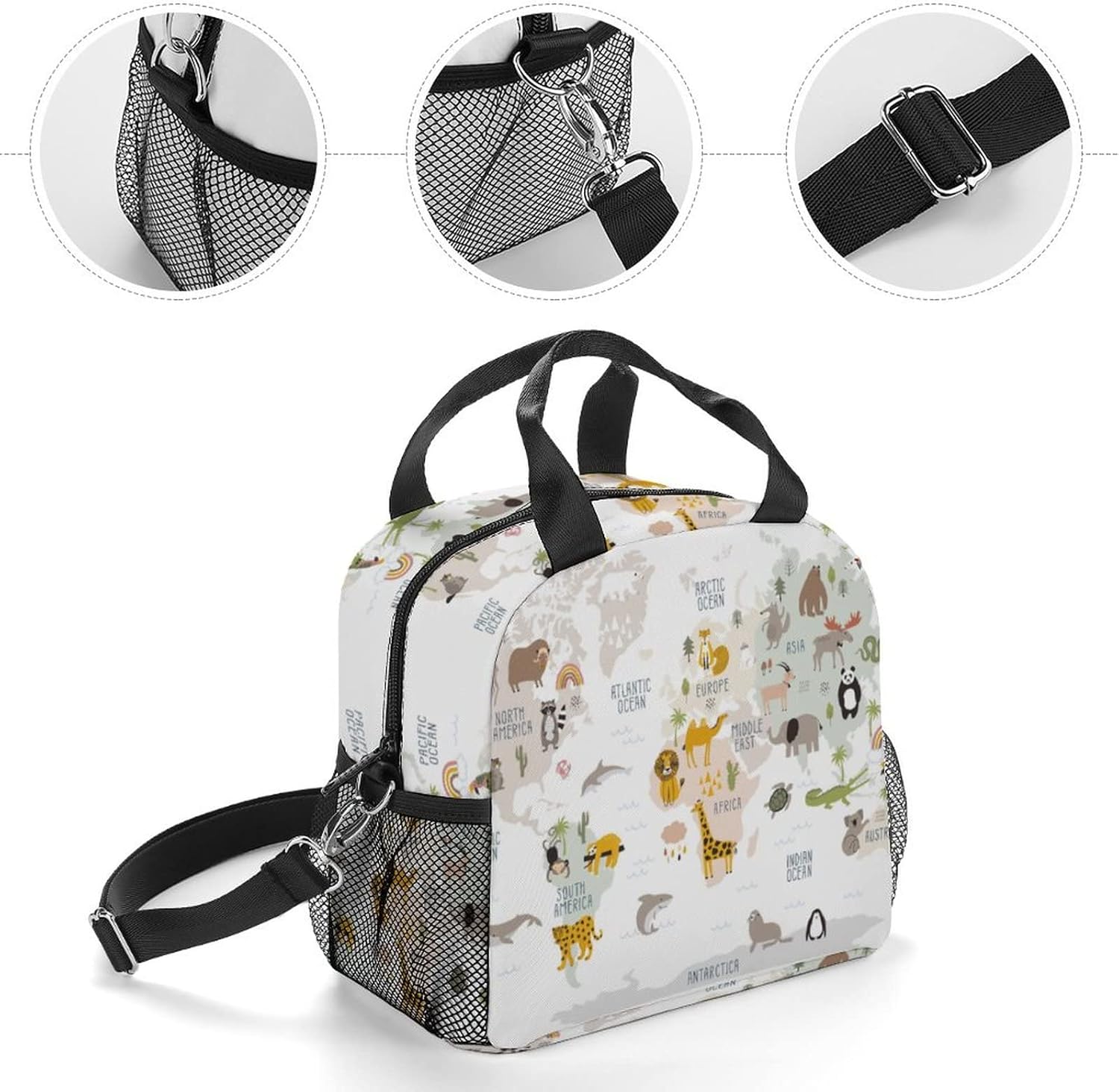 Niapessel Bolsa de almuerzo para mujeres, niños, niñas, niños, aislada, mapa del mundo animal, multicolor, impreso, lonchera térmica con soporte
