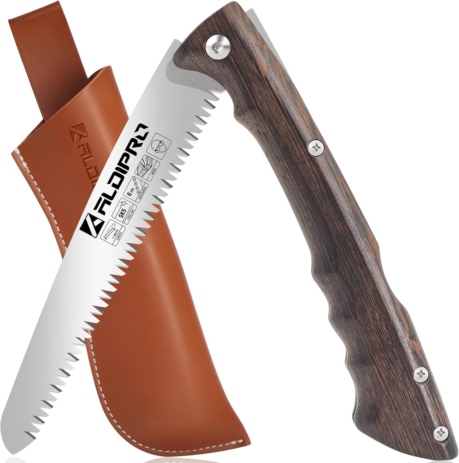 ALDIPRO – Sierra de podar plegable con funda de cuero, mango de madera de wengué, hoja de acero SK5 de 7 pulgadas, sierra pequeña de 7 pulgadas,