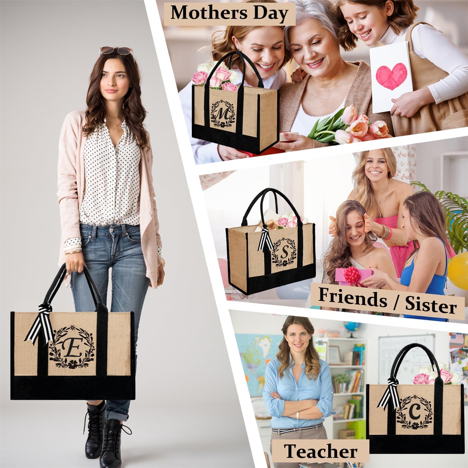 Bolsa de mano personalizada de yute para mujeres, regalos para el día de la madre, regalo de Navidad de cumpleaños para mujeres y amigas