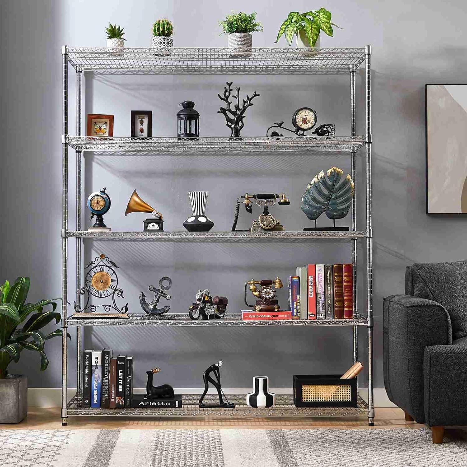 Estantería de alambre cromado, organizador de almacenamiento ajustable de metal resistente para despensa, garaje, baño, cocina, plata
