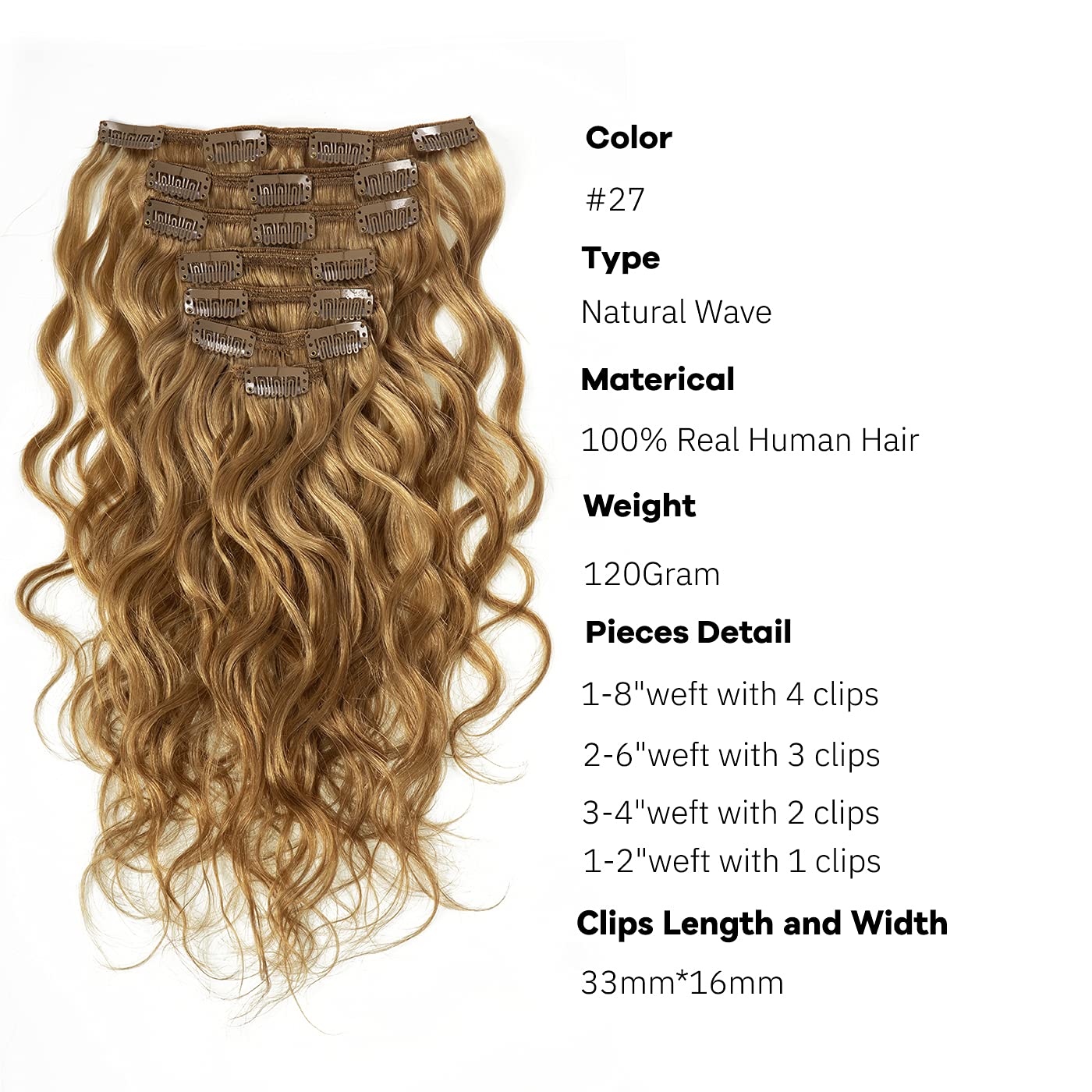 Loxxy Extensiones de cabello humano real con pinzas, color rubio fresa #27, 22 pulgadas, extensiones de cabello humano real para mujer, doble trama,