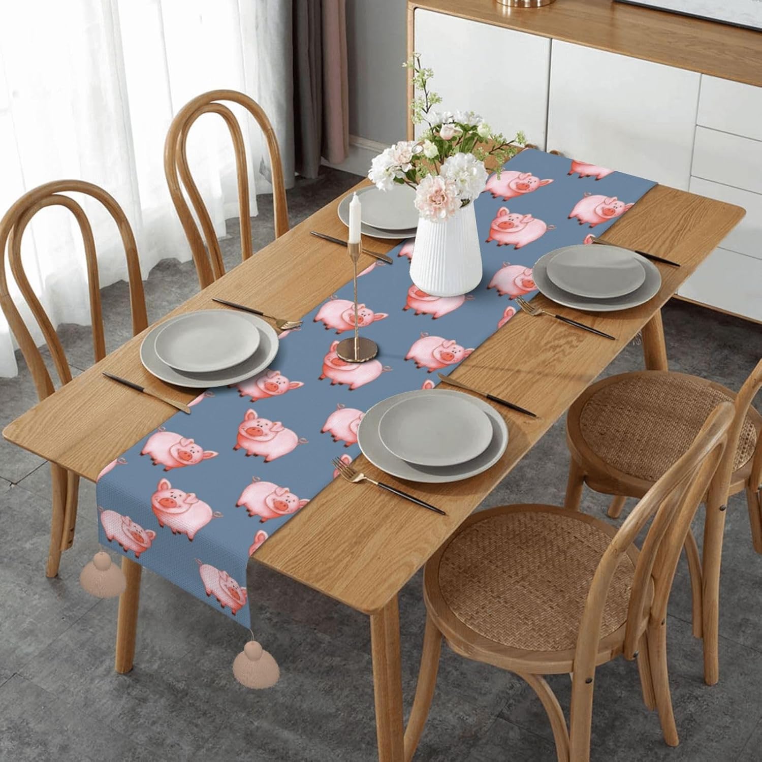 Camino de mesa de Navidad con cerdo de acuarela, decoración de mesa de comedor, decoración de Navidad, decoración de interiores del hogar, caminos