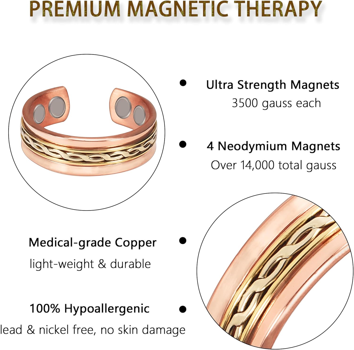 EnerCoppeX Anillos de cobre para mujer para artritis y articulación, anillo magnético ajustable para los dedos del pulgar, anillos de terapia