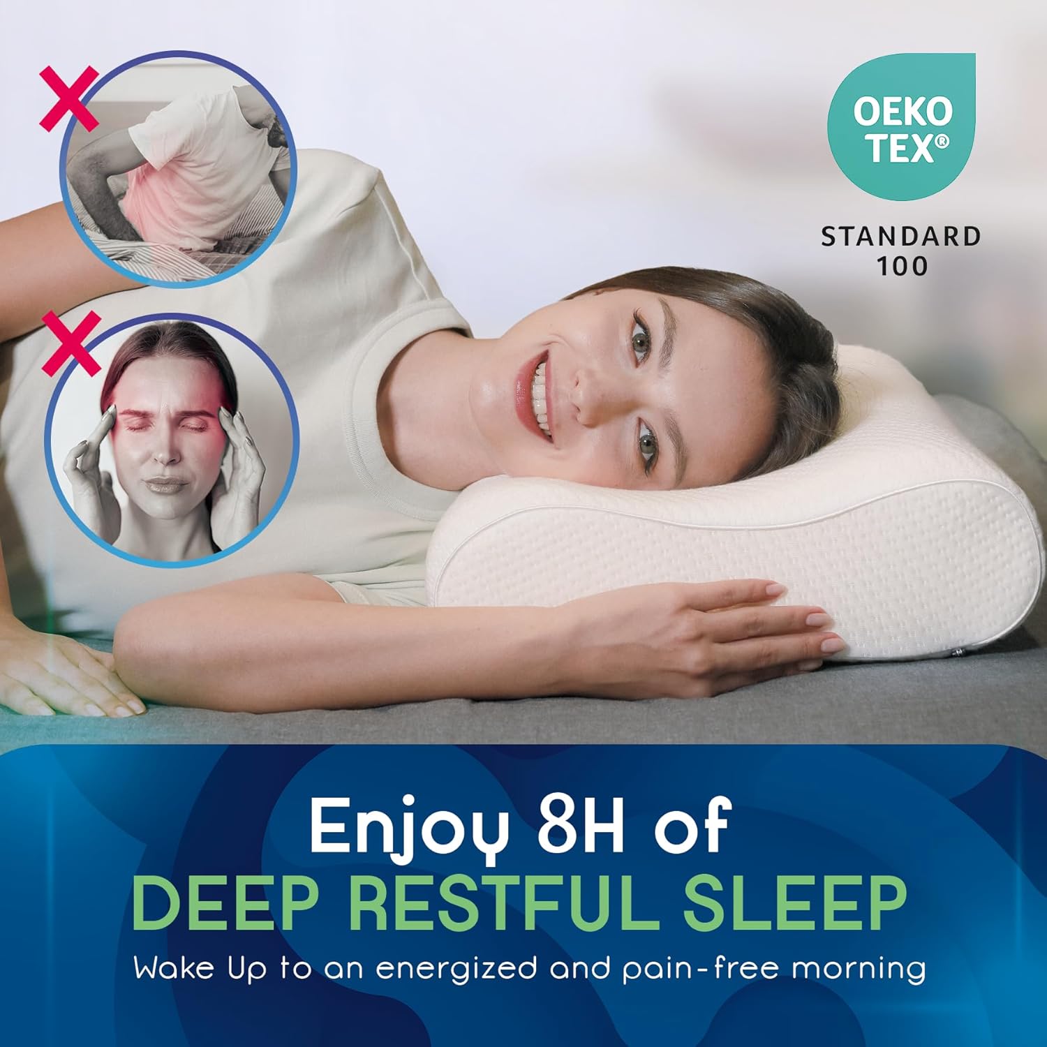 ZEO-SLEEP Almohada de espuma viscoelástica, almohada ortopédica cervical de enfriamiento para dormir de lado, espalda, boca abajo, almohada