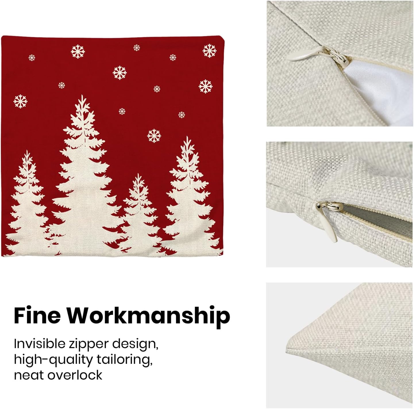 Juego de 2 fundas de almohada de Navidad de 18 x 18 pulgadas, diseño de copos de nieve de árbol de Navidad, color rojo y blanco, fundas decorativas