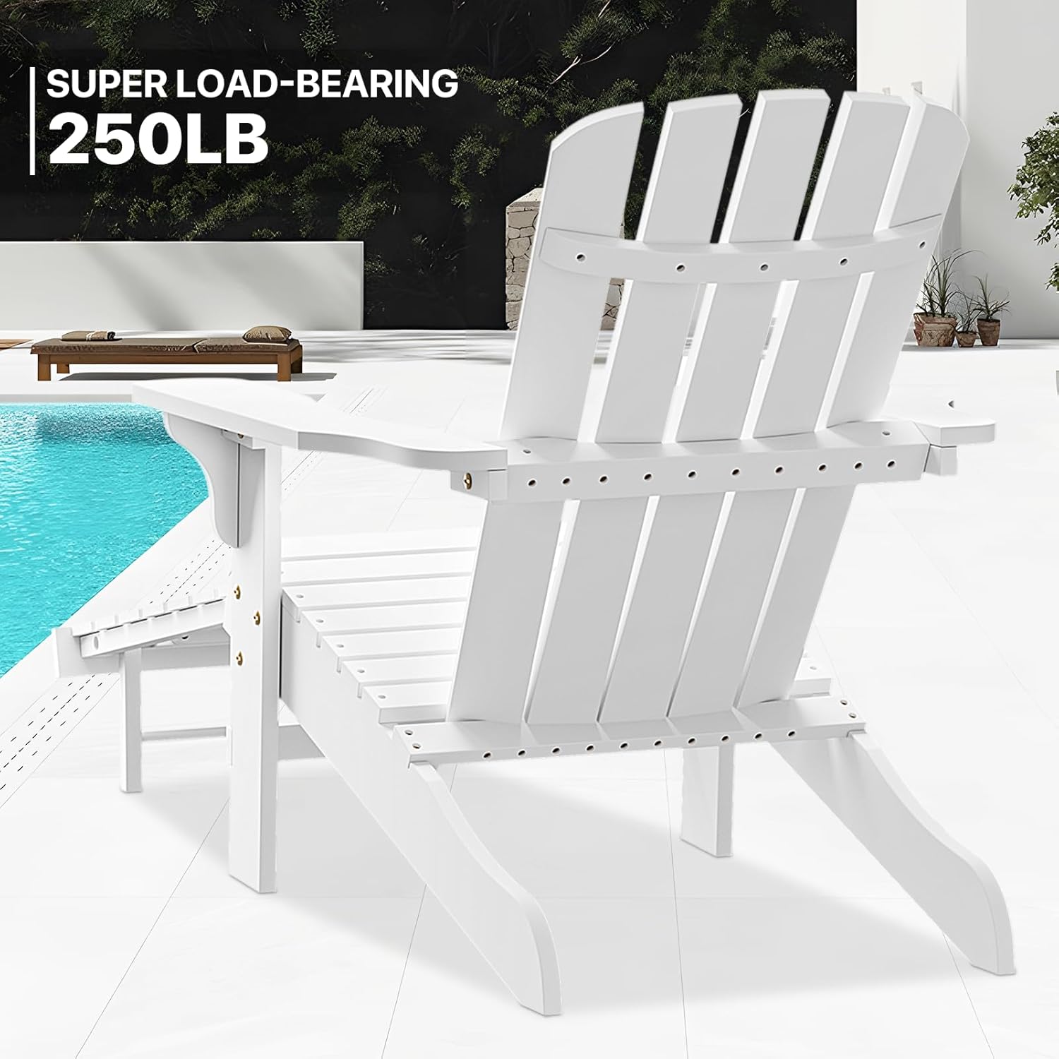 MoNiBloom Juego de 2 sillas Adirondack blancas con otomana retráctil, cómodas sillas de madera de abeto para todo tipo de clima, para patio trasero,